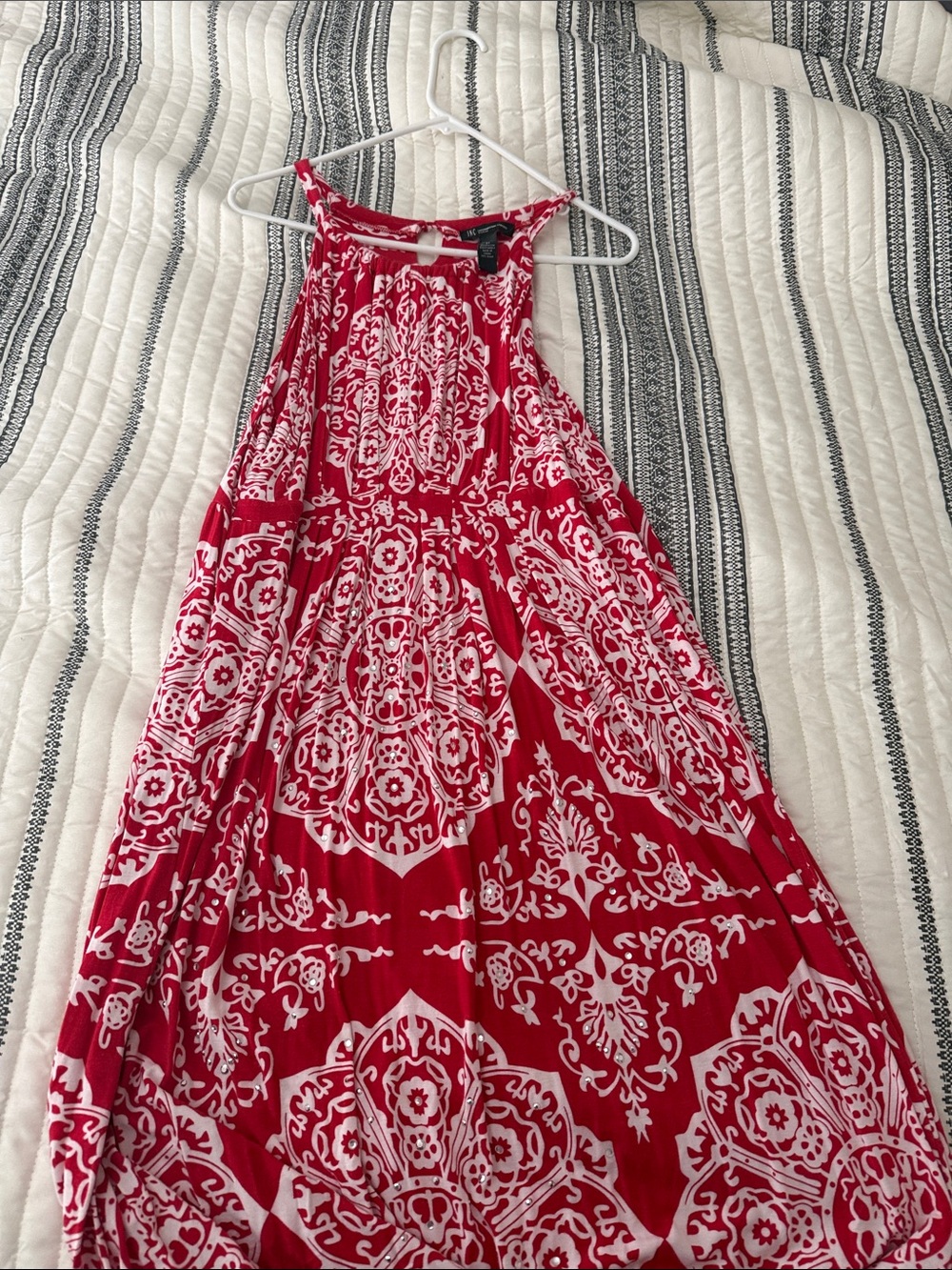 Red and White Printed Halter Plus Size Dress